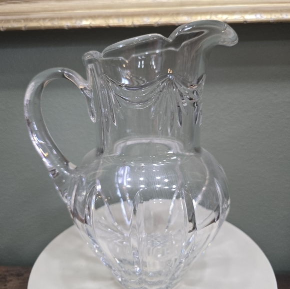 Heavy Bulbous Vertical Cut and Banner Pattern Glass Pitcher - Picture 2 of 5